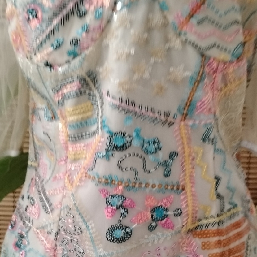 Colorful Patchwork Beaded Embroidery Off-Shoulder Dress Ruffle Small Dress - Picture 9 of 14